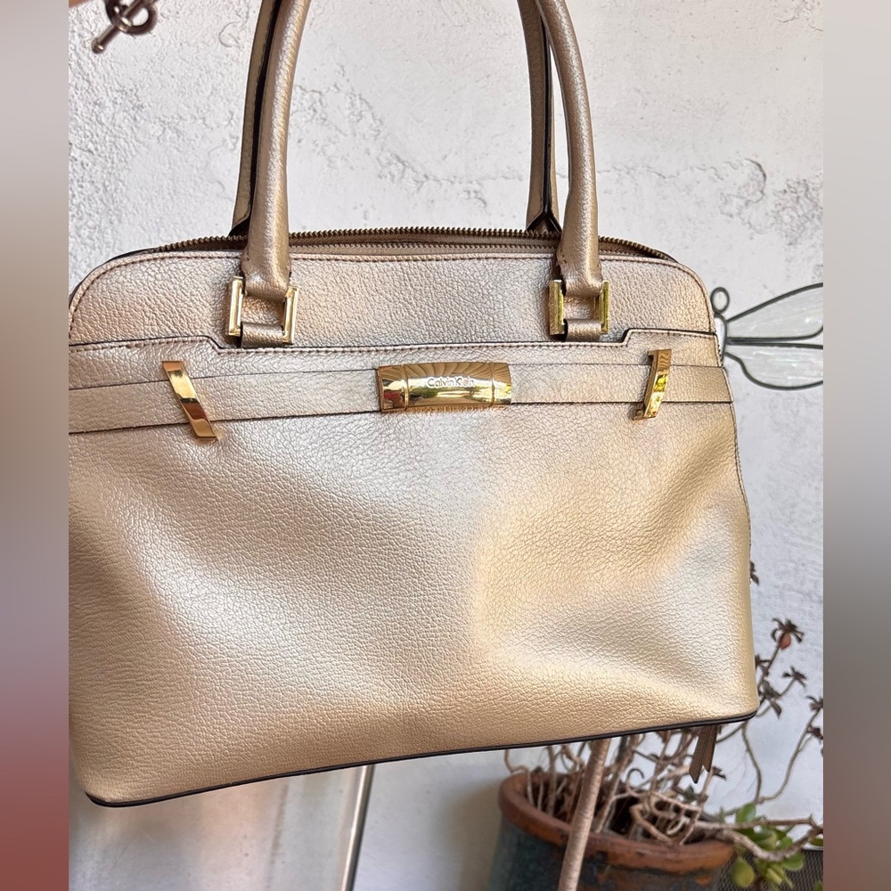 Calvin Klein Metallic Champagne Satchel purse with Gold-Tone Hardware